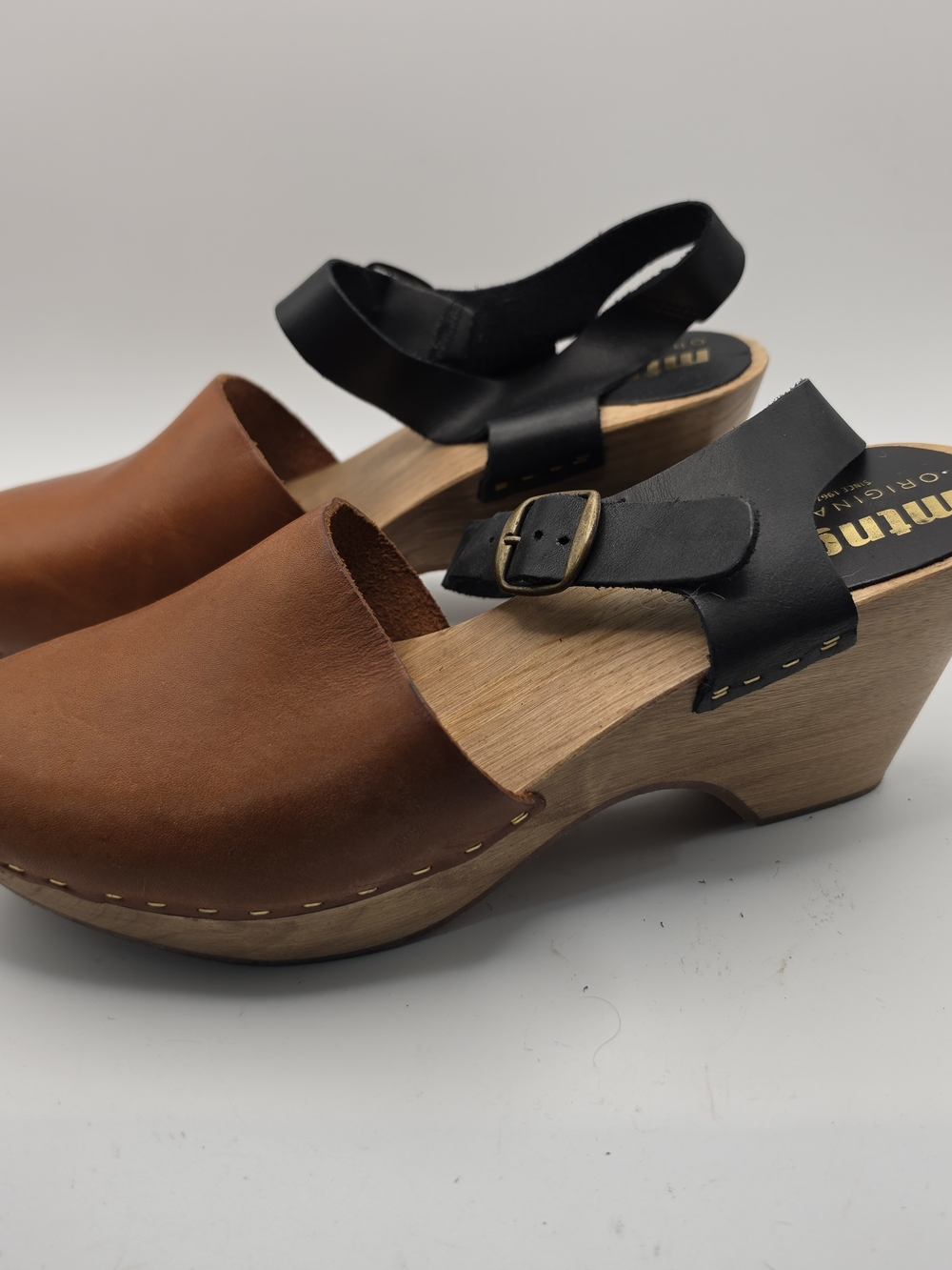 Mtng Zola Swedish Clogs Black Leather Ankle Strap Wooden Heels Womens 39
